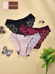 3piezas/Set Bragas triangulares de talla grande con patchwork de encaje y unicolor, exquisitos laterales de encaje con combinación de satén suave, detalle de lazo sexy maduro, bragas triangulares juguetonas para mujeres de talla grande - Multicolor - Ver 1
