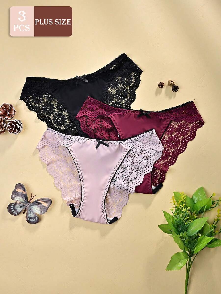 3piezas/Set Bragas triangulares de talla grande con patchwork de encaje y unicolor, exquisitos laterales de encaje con combinación de satén suave, detalle de lazo sexy maduro, bragas triangulares juguetonas para mujeres de talla grande - Multicolor - Ver 1