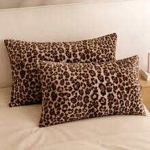 1pc Leopard Print Plush Pillowcase Without Pillow Core, Faux Fur Bed Pillowcase, 50*66/75cm Rectangular Pillowcase Suitable For Bedroom Bed Pillowcase - Camel - View 2
