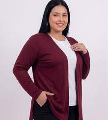 Women's Plain Cardigan Jacket With Slit, Plus Size, Kimono Style - Burgundy - View 3