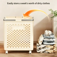 1pc Large Foldable Laundry Basket With Wheels - Modern Plastic Rolling Clothes Basket, Suitable For Bathroom And Balcony - Space-Saving Foldable Toy Storage Bin, Multi-Functional Rectangular Home Organizer Basket For Home Storage - Multicolor - View 4