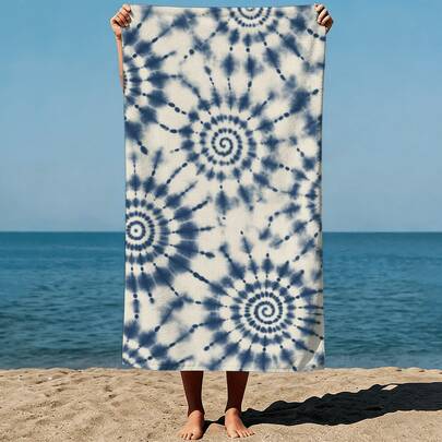 Toalla de playa de verano con estampado de teñido anudado: espirales azules y blancas que irradian hacia afuera, estilo de arte textil abstracto. Toalla de playa para piscina, vacaciones - Microfibra, de secado rápido, sin arena y ligera extra grande para piscina, playa, yoga y viajes - Regalo para adultos, mujeres y hombres