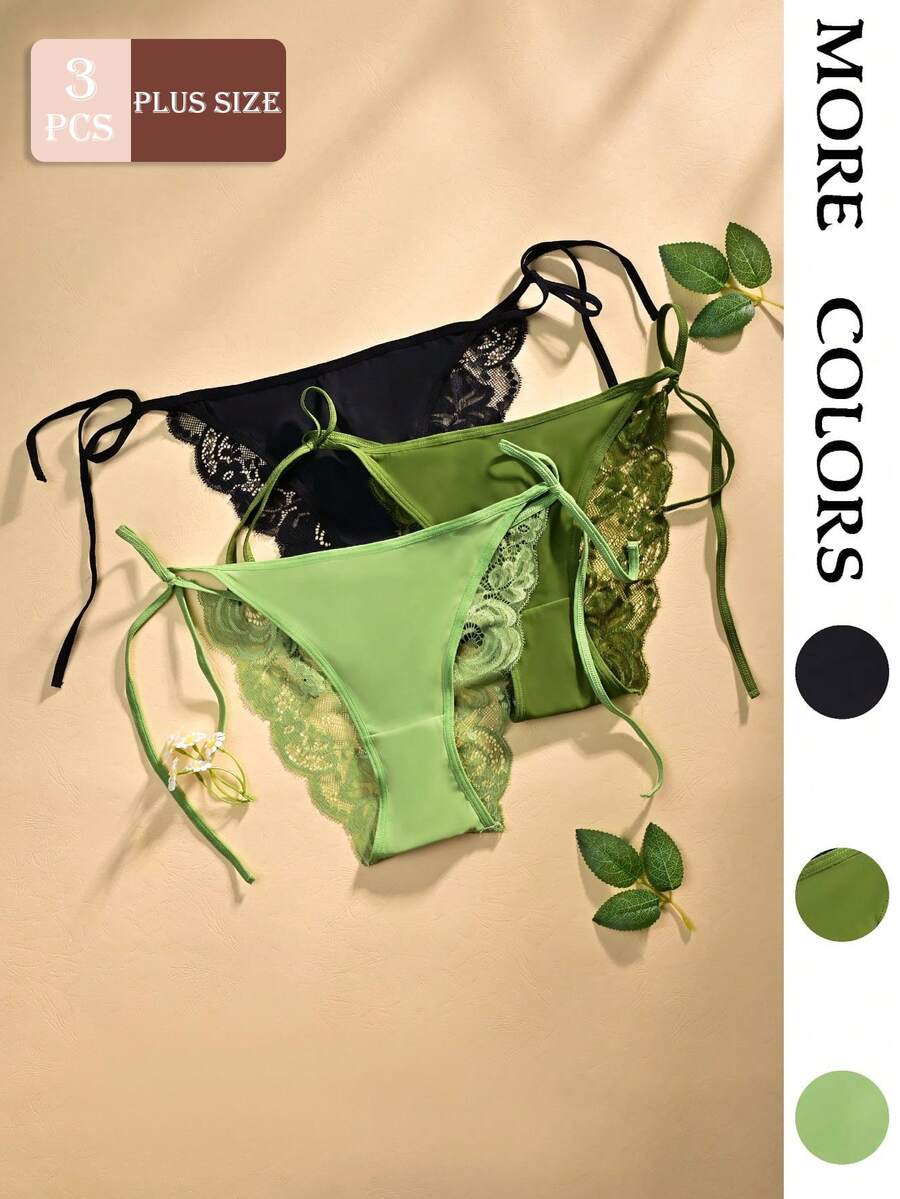 Set 3 quần lót tam giác nữ size lớn, màu trơn, ren họa tiết hoa phối dây buộc, chất vải mềm thoải mái, nội y sexy size lớn - Nhiều màu - Xem 1
