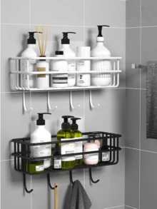 2pcs Bathroom Storage Rack, Wall-Mounted No-Drill Bathroom Storage Shelf, Iron Wall-Mounted Toiletries Rack, Home Bathroom Decor, Bathroom Storage Organizer, Autumn Decor, Back To School Decor - Multicolor - View 1