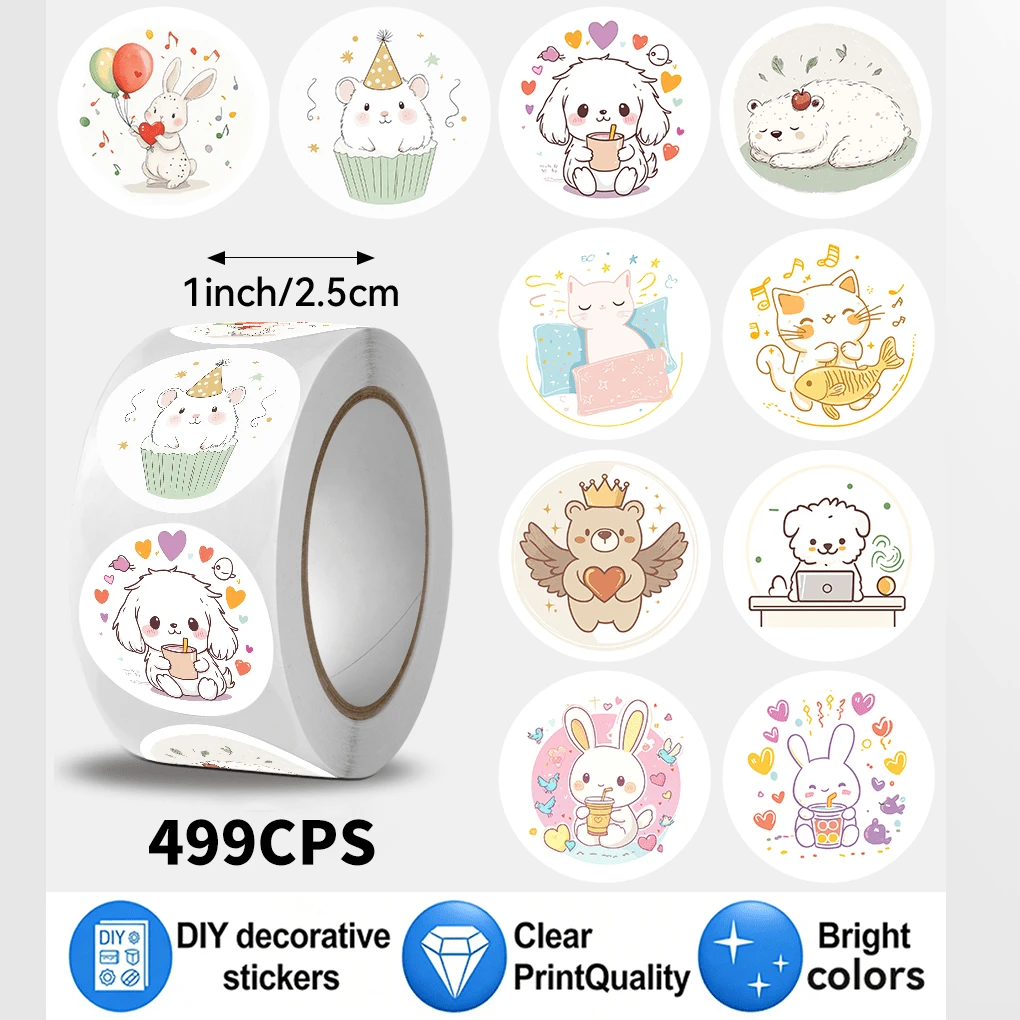 499pcs/Roll, Cheerful Animal Pattern Stickers, Perfect For Small Gifts. Stickers. 10 Different Patterns. Suitable For Gift Decoration, Water Bottle Decoration, Planner Decoration, Gift Wrapping Decoration, Scrapbook Stickers And Other Favorite Product Decoration Stickers - Multicolor - View 1