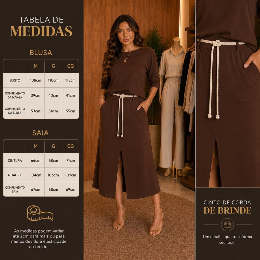 Women's Executive Outfit Set: Midi Skirt With Front Slit And Basic Blouse - Café marrón - Ver 1