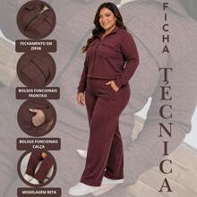 Women's Plus Size Ribbed Knit Set With Front Zipper And Pockets, Elastic Waist Pants, Casual Fashion - Óxido marrón - Ver 4