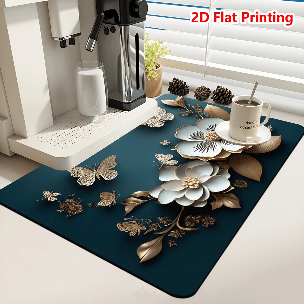 1/10Pcs Alfombrilla de Secado de Platos con Flor Plana 2D para Encimera de Cocina, Alfombrilla de Diatomita Antideslizante, Alfombrilla Absorbente para Café, Alfombrilla de Secado de Platos de Moda para Encimera de Cocina Accesorios de Barra de Café Máquina de Espresso Escurridor de Platos - verde menta - Ver 1