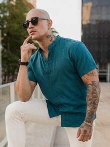 Men's Short Sleeve Shirt With Priest Collar, Premium Quality, Light And Fresh Fabric, Easy To Iron, Summer , End Of Year And Beach - 水鴨藍 - 查看 7