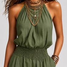 Women's Khaki Boho Halter Wide Leg Jumpsuit, Sexy Sleeveless Smocked Waist, Light Linen-Like Fabric, Summer Essential For Beach & Casual Daily Wear - Green - View 7