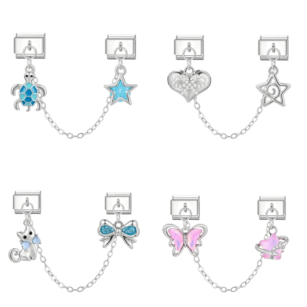 1/5/10/20/30/50pcs Random Mixed Color Steel Dual Chain Modules With Butterfly, Moon, Heart, Cherry Pendant, Detachable Bracelet Components - Multicolor - View 1