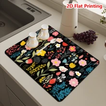 1/10Pcs Tapete de Secado de Platos con Estampado de Flores de Primavera para Encimera de Cocina, Tapetes de Drenaje Resistentes al Calor con Respaldo de Goma Antideslizante, Tapete de Drenaje Super Absorbente que Oculta Manchas, Almohadilla de Estante de Platos Fácil de Limpiar - Negro - Ver 13