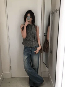 Yorily 韓式復古格紋繫帶收腰襯衫，修身無袖上衣，夏季黑色休閒上衣 - 黑色 - 查看 4