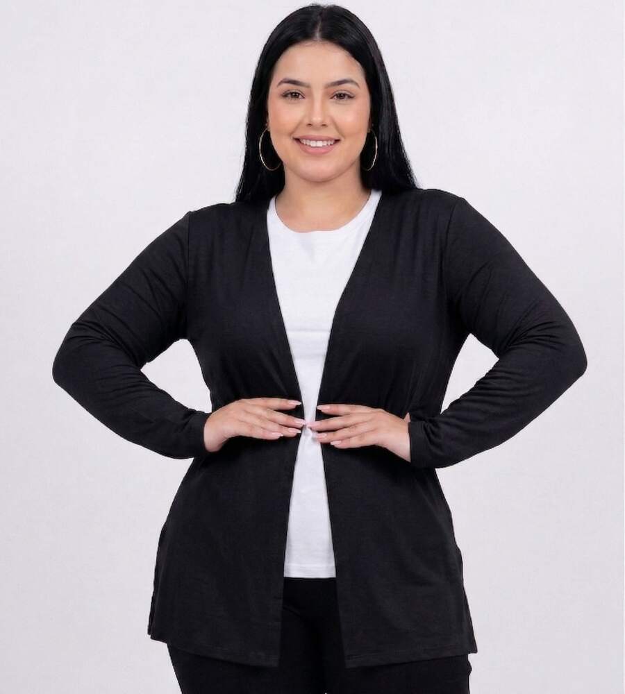 Women's Plain Cardigan Jacket With Slit, Plus Size, Kimono Style - Black - View 1