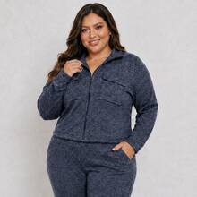 Women's Plus Size Winter Set, Wide-Leg Pants, Elegant Coat With Pockets And Zipper, Comfortable, Stylish, Fashionable, Warm Knitwear - 寶藍色 - 查看 8