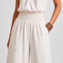 Women's Khaki Boho Halter Neck Jumpsuit, Sexy Sleeveless Smocked Waist Wide Leg Jumpsuit, Linen-Like Lightweight Fabric, Summer Vacation Essential For Beach Trips & Casual Daily Wear - 白色 - 查看 3