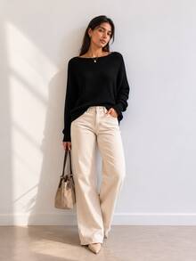 Women's Black Knit Blouse With Batwing Sleeves, Oversized Ribbed Knit Sweater, Loose Fit, Casual Fashion - 黑色 - 查看 3