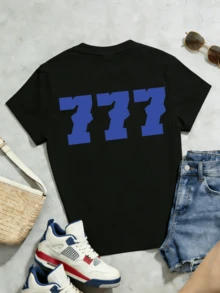 Women's Soft And Casual Short-Sleeved T-Shirt With A Round Neck, Featuring A Graphic Print Of The Blue Number 777, Ideal For Everyday Wear In Spring And Summer. - 黑色 - 查看 5