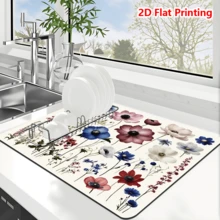 1/10Pcs Watercolor Flower Pattern Dish Drying Mat For Kitchen Counter-Coffee Mat Bar Accessories, Hide Stain, Rubber Backed, Absorbent, Fit Under Coffee Maker, Espresso Machine, Pot, Dish Rack - Beige - View 2