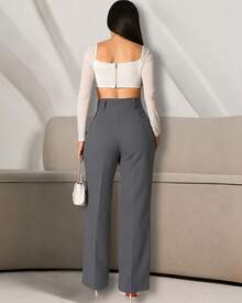 Women's Pants/Tailored Pants/Basic Pants/Elegant Pants/Skinny Pants/Pocket Zipper Button - 深灰色 - 查看 4