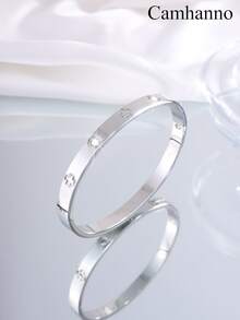 1/5 piezas Brazalete de mujer de acero inoxidable chapado en oro, brazalete apilable clásico con incrustaciones de rhinestone, joyería resistente a la oxidación y al agua - Plateado - Ver 15
