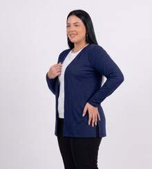 Women's Plain Cardigan Jacket With Slit, Plus Size, Kimono Style - Blue - View 3