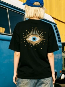 Women's Summer Casual Soft Round Neck Short Sleeve T-Shirt,The Evil Eye Print Graphic Fits Spring And Summer Boho Wear. - Negro - Ver 4