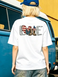 Women's Summer Casual Soft Round Neck Short Sleeve T-Shirt,The Patriotic Love With Boots Print Graphic Fits Spring And Summer Wear. - Blanco - Ver 4