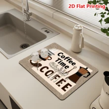 1/10Pcs Coffee Time Printed Dish Drying Mat For Kitchen Counter Coffee Mat Bar Accessories, Hide Stain, Rubber Backed, Absorbent, Fit Under Coffee Maker, Espresso Machine, Pot, Dish Rack - Multicolor - View 13