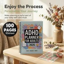 1件裝 成人女性美學 ADHD 計畫本－螺旋裝訂神經多樣性生產力手冊，含每日待辦清單、任務筆記、著色核對表與視覺化行程表－附時鐘、星星、核對表的專注日記，文具用品 - A - 查看 2