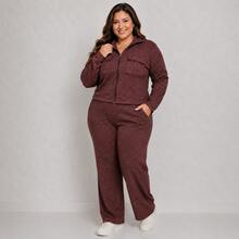 Women's Plus Size Ribbed Knit Set With Front Zipper And Pockets, Elastic Waist Pants, Casual Fashion - Óxido marrón - Ver 1