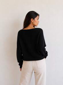 Women's Black Knit Blouse With Batwing Sleeves, Oversized Ribbed Knit Sweater, Loose Fit, Casual Fashion - 黑色 - 查看 4