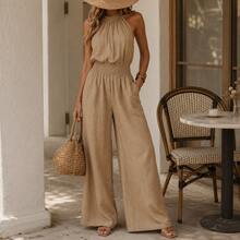Mono de Mujer Color Caqui Estilo Boho con Cuello Halter, Sexy, Sin Mangas, Cintura Fruncida, Pierna Ancha, Tela Ligera Tipo Lino - Marrón claro - Ver 4
