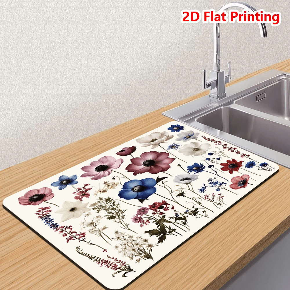 1/10Pcs Watercolor Flower Pattern Dish Drying Mat For Kitchen Counter-Coffee Mat Bar Accessories, Hide Stain, Rubber Backed, Absorbent, Fit Under Coffee Maker, Espresso Machine, Pot, Dish Rack - Beige - View 1