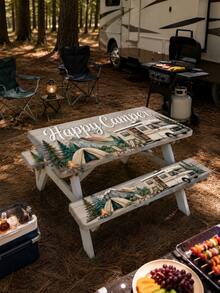 1套 4FT/6FT/8FT 野餐桌布 3件組，「Happy Camper」復古露營車與松樹露營印花，彈性邊緣防滑桌布 + 2個長凳套，戶外露營 RV 露台野餐烤肉派對裝飾 - 彩色 - 查看 7