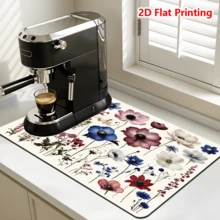 1/10Pcs Watercolor Flower Pattern Dish Drying Mat For Kitchen Counter-Coffee Mat Bar Accessories, Hide Stain, Rubber Backed, Absorbent, Fit Under Coffee Maker, Espresso Machine, Pot, Dish Rack - Beige - View 12