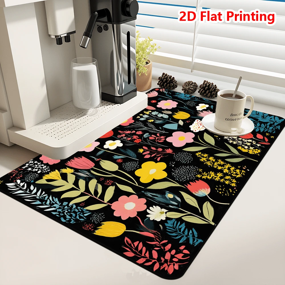 1/10Pcs Tapete de Secado de Platos con Estampado de Flores de Primavera para Encimera de Cocina, Tapetes de Drenaje Resistentes al Calor con Respaldo de Goma Antideslizante, Tapete de Drenaje Super Absorbente que Oculta Manchas, Almohadilla de Estante de Platos Fácil de Limpiar - Negro - Ver 1