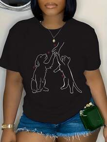 Plus-Size Women'S T-Shirt With A Round Neck And Short Sleeves, Perfect For Layering - Black - View 1