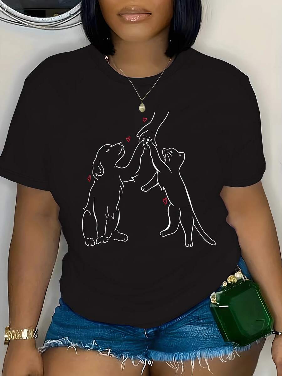 Plus-Size Women'S T-Shirt With A Round Neck And Short Sleeves, Perfect For Layering - Black - View 1