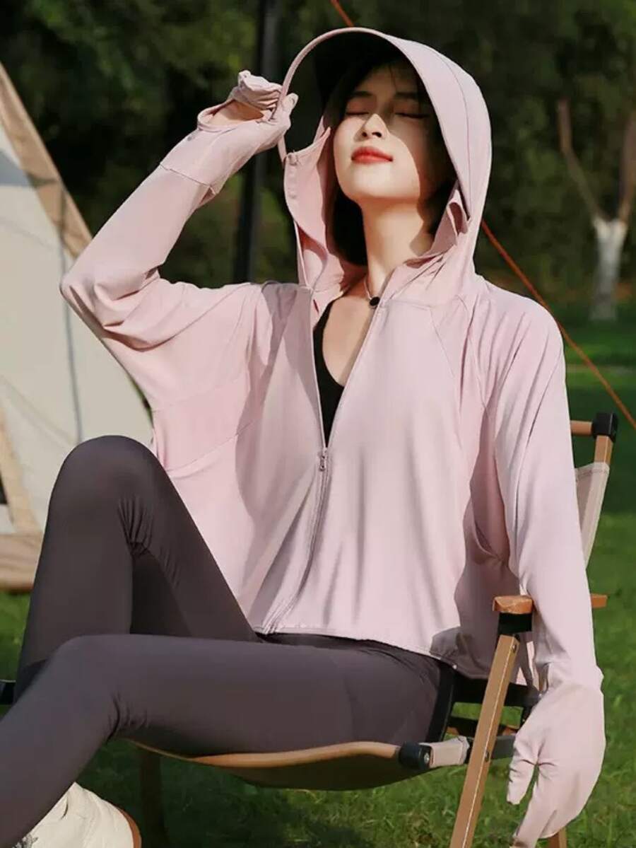 冰絲防曬衣女款夏季UV薄款罩衫戶外騎行防曬衣指尖長度寬鬆薄款防曬衣 - 可拆卸黑膠帽簷手套款 - 查看 1