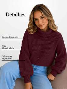 Women's Cropped Knit Blouse With High Neck, Comfortable Knit, Long Puff Sleeves, For Cold Winter. - Redwood - View 4