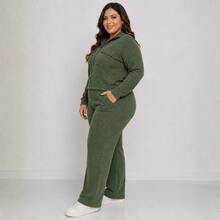 Women's Plus Size Ribbed Knit Set With Front Zipper And Pockets, Elastic Waist Pants, Casual Fashion - Green - View 6