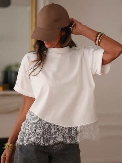 Women Summer Elegant Casual White Asymmetrical Lace Hem T-Shirt For Going Out Vacation