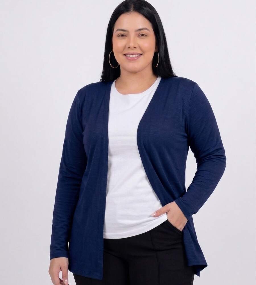 Women's Plain Cardigan Jacket With Slit, Plus Size, Kimono Style - Blue - View 1
