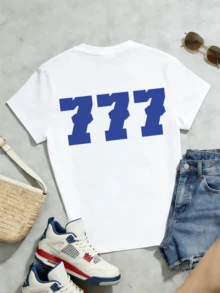 Women's Soft And Casual Short-Sleeved T-Shirt With A Round Neck, Featuring A Graphic Print Of The Blue Number 777, Ideal For Everyday Wear In Spring And Summer. - 白色 - 查看 5