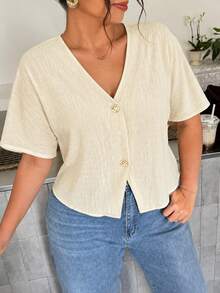 PARARAL Ropa Casual de Verano para Mujer Talla Grande - Top de Manga Corta con Tela Texturizada Estilo Vacaciones, Top de Verano para Mujer, Ropa de Vacaciones para Mujer, Top Casual para Mujer, Top de unicolor para Mujer - Albaricoque - Ver 8