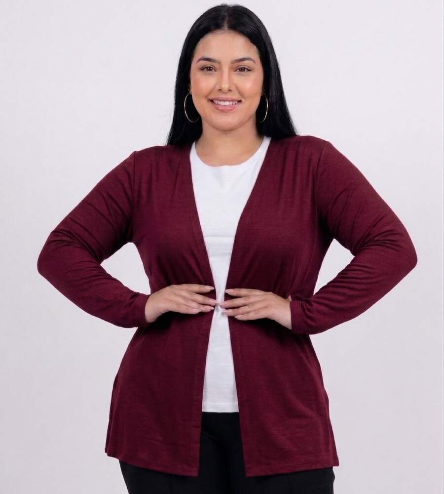 Women's Plain Cardigan Jacket With Slit, Plus Size, Kimono Style - Burgundy - View 1