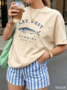 Camiseta Básica Mexicana Patriótica para el Día de los Caídos 100% Algodón Tallas S-3XL para Mujer, Estilo Casual de Verano con Estampado de Peces de Key West, Florida, Holgada y Versátil, C - Albaricoque - Ver 3