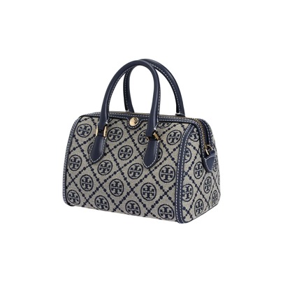  TORY BURCH T Monogram Jacquard Handbag In Cotton And Polyester Patchwork Fabric, Unisex Style, Navy Blue (Monogram Lettering And T-Pattern).