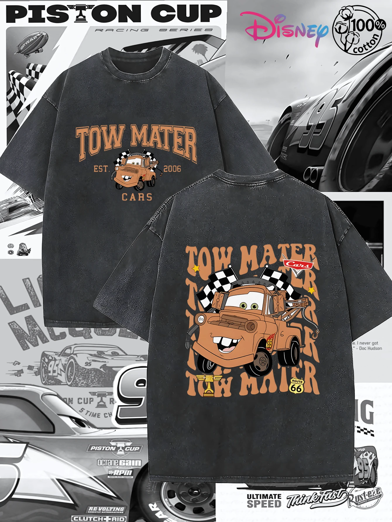 Disney IP Collaboration: Cars Lightning McQueen Print Men's T-Shirt With Crew Neck And Short Sleeves, Relaxed Fit! Summer Clothing For Men, Cotton T-Shirt With Graphic Print, Suitable For Everyday Wear, Leisure And Sports. - màu đen - Xem 1